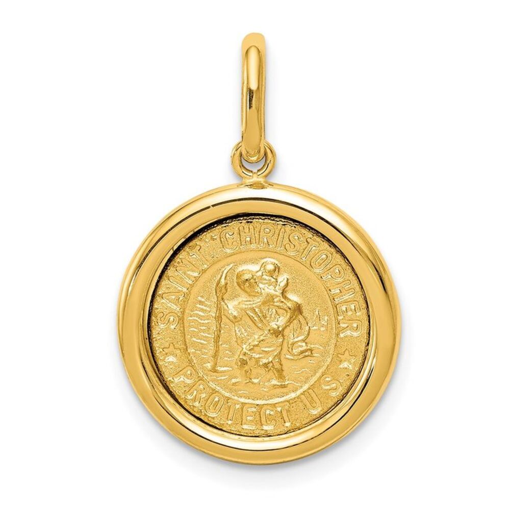 14k Yellow Gold Round St Christopher Medal Charm or Pendant, 15mm